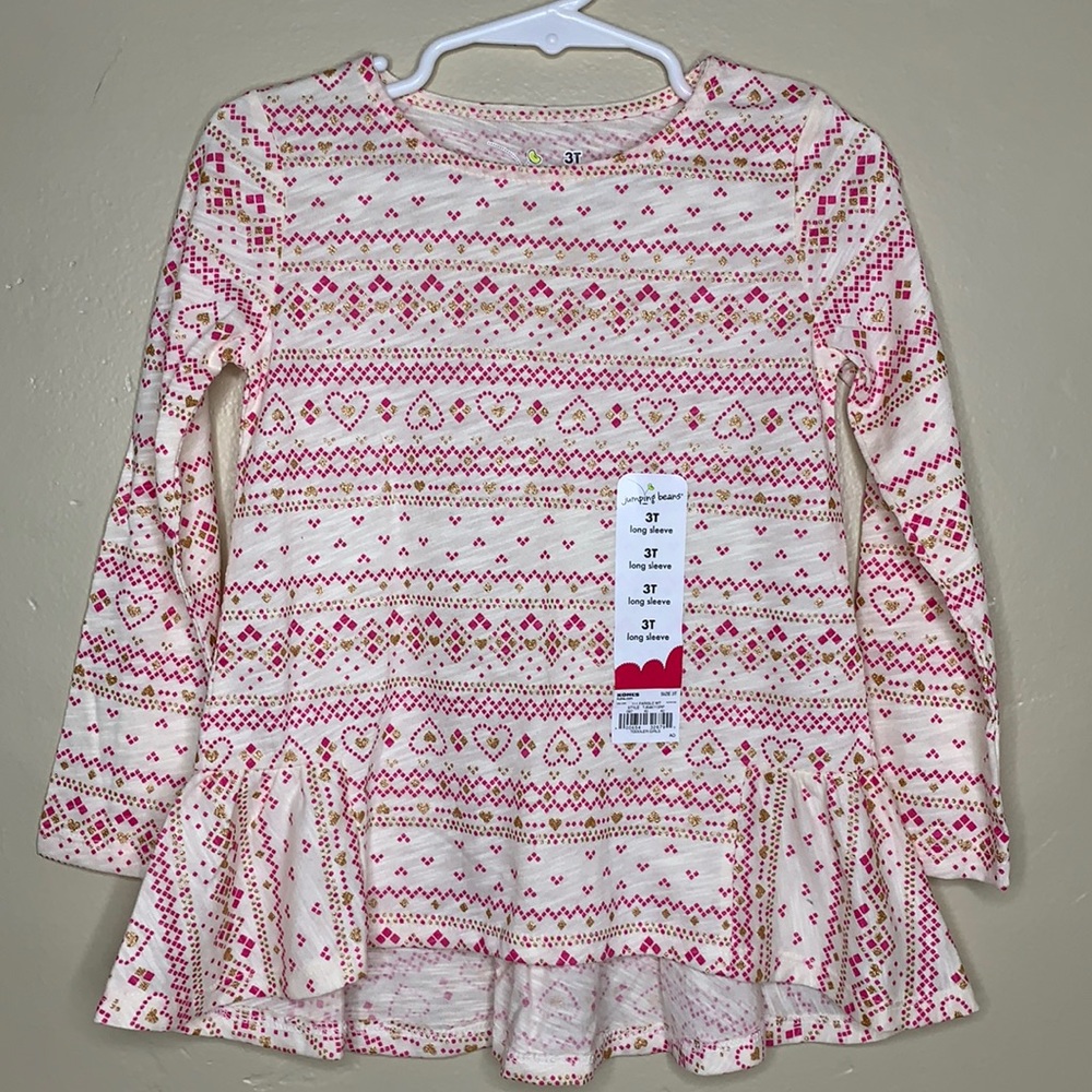 JUMPING BEANS Pink, Cream, & Gold Jersey Knit Ruffle Hem Top, 3T NEW
